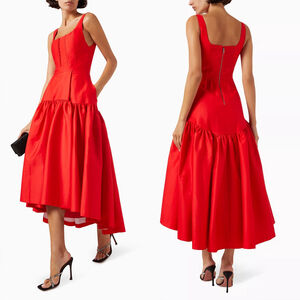 Alice + Olivia Red Dress Diana Drop Waist Structured Midi Dress with Full Skirt